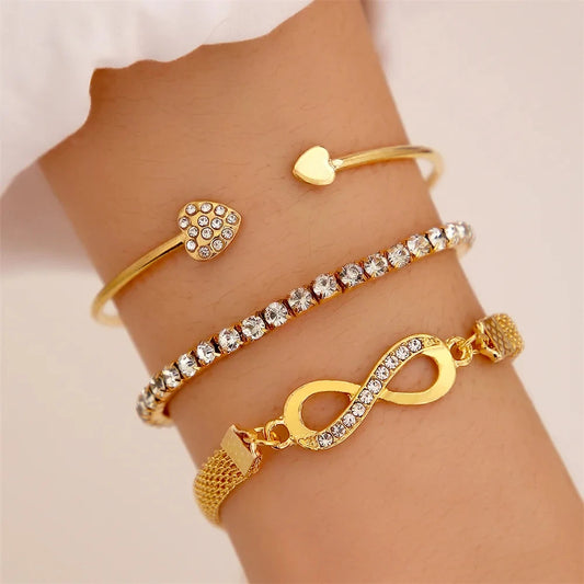 “Vintage Silver Crystal Heart Bracelet Set – Geometric Adjustable Infinity Cuff for Women”