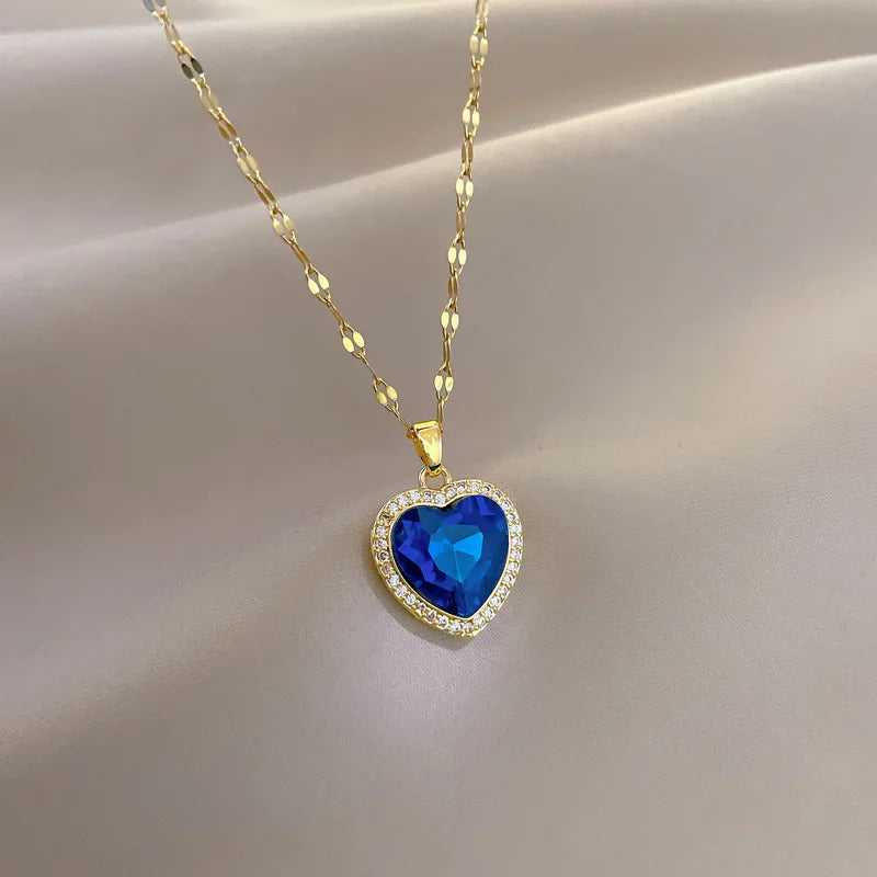 “Women’s 316L Stainless Steel Heart Pendant with Big Blue Zircon Stylish Gift”