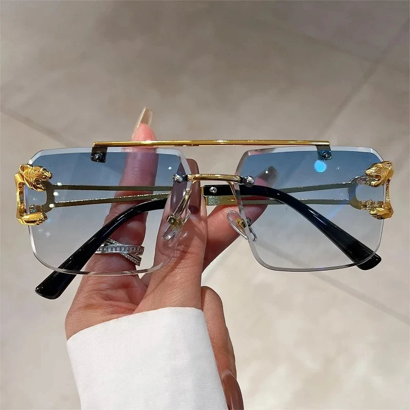 “Retro frameless unisex sunglasses, nickel double-layer design, UV400 protection.”