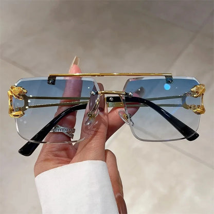 “Retro frameless unisex sunglasses, nickel double-layer design, UV400 protection.”