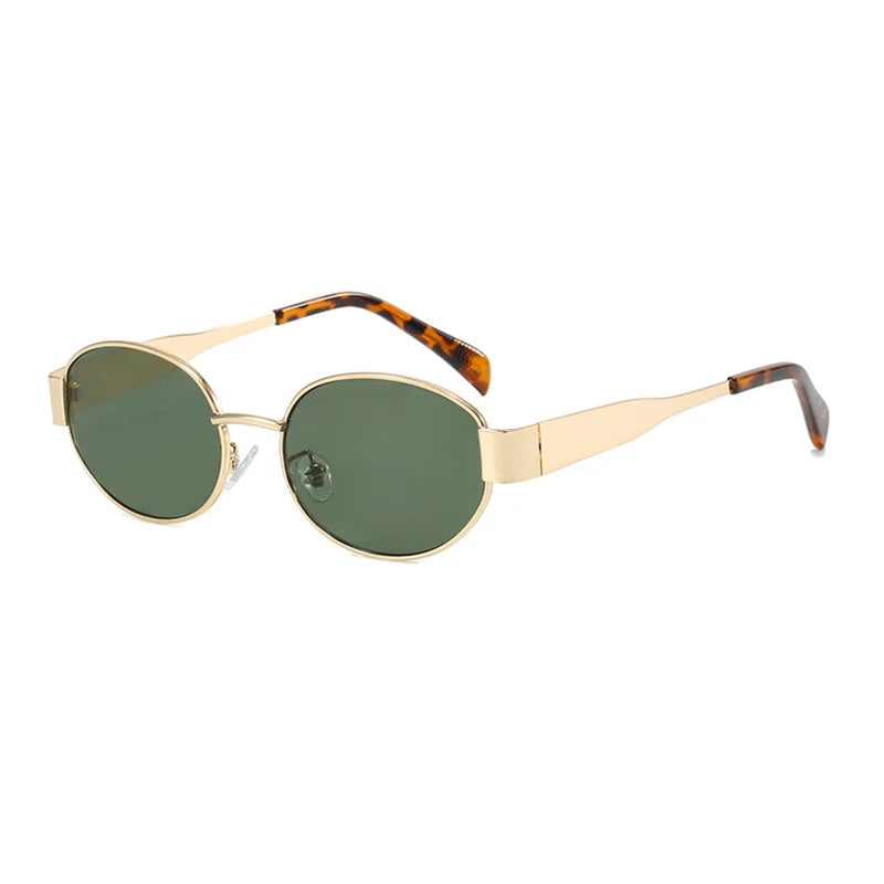 “Retro oval sunglasses, luxury metal frame, classic unisex design for driving.”