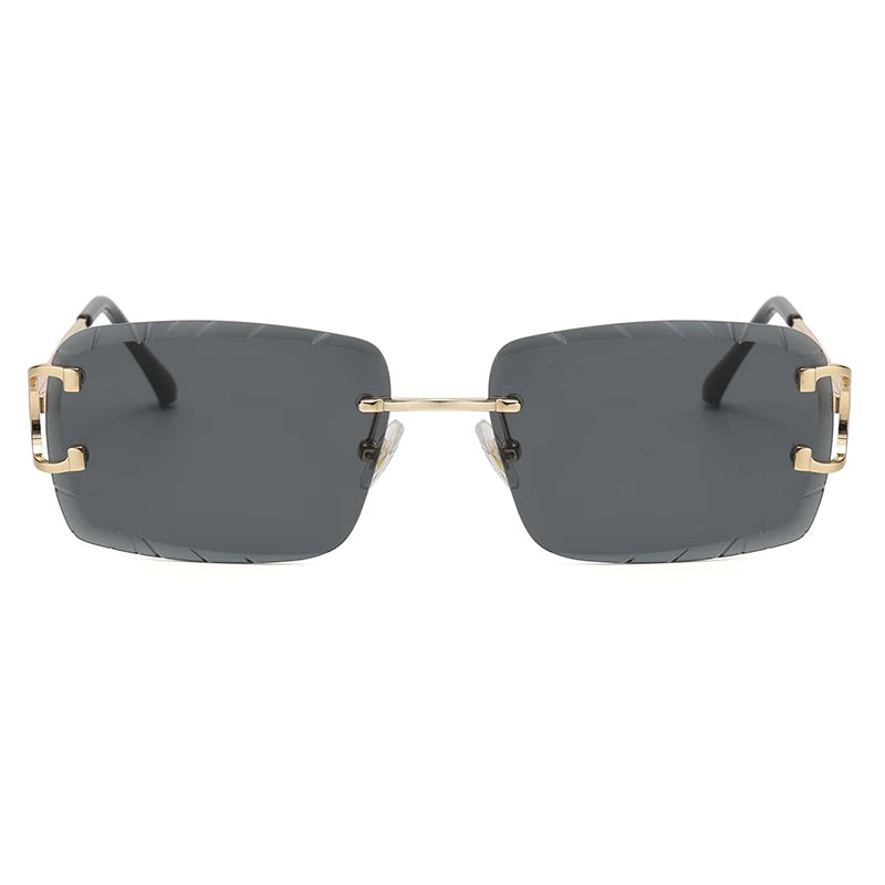 “Square rimless sunglasses, trendy metal frame, high-grade unisex street style.”