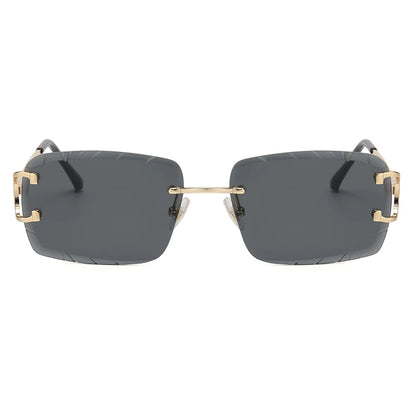 “Square rimless sunglasses, trendy metal frame, high-grade unisex street style.”