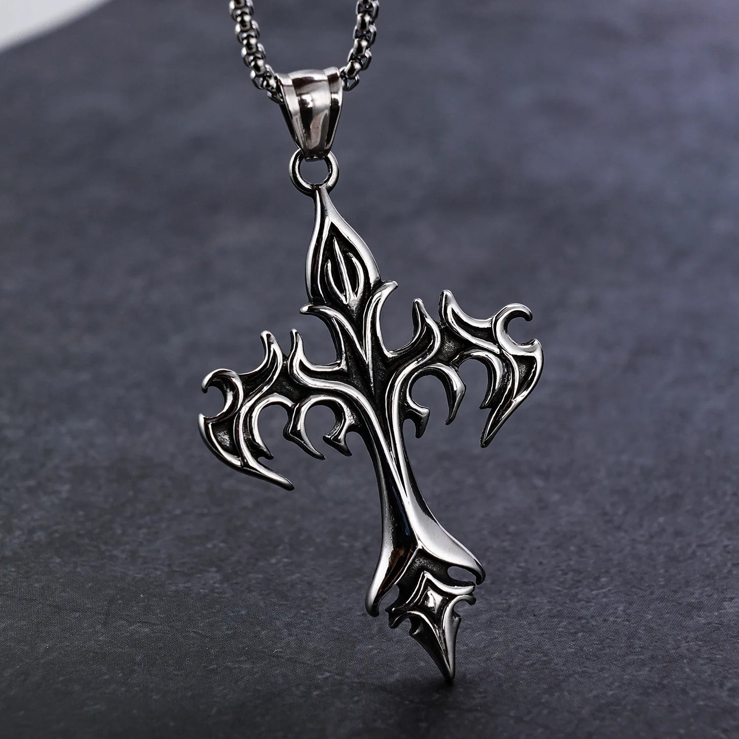 “Stainless Steel Flame Retro Cross Pendant Necklace - Titanium Steel for Men.”