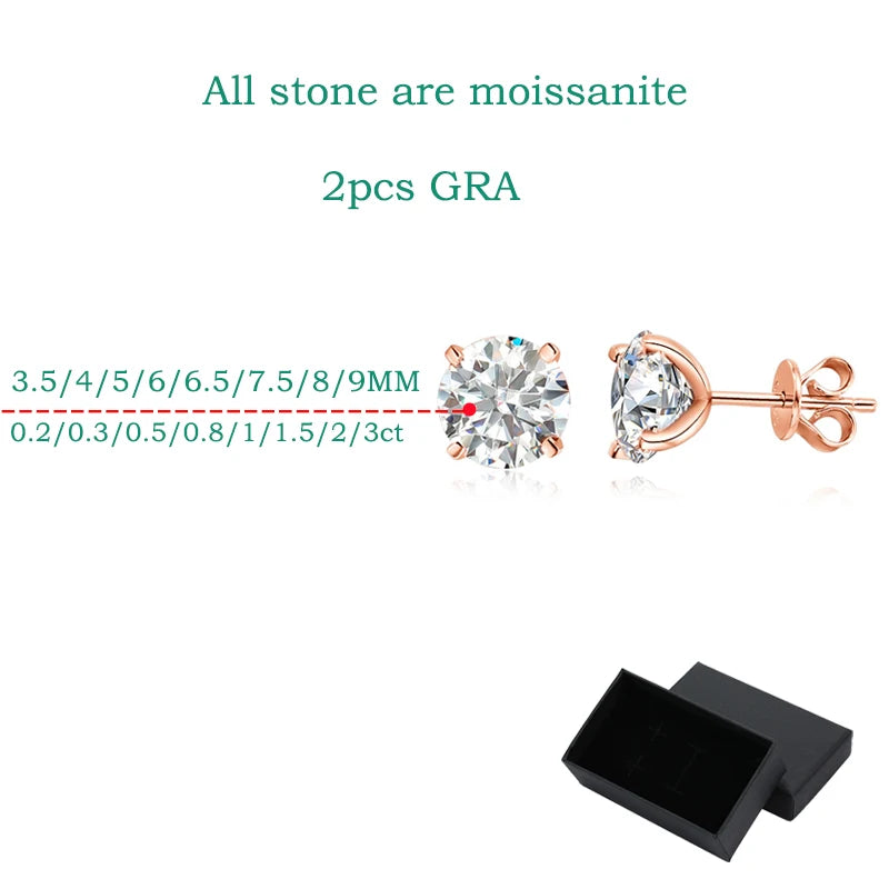 “Rose gold moissanite stud earrings, 0.2-3CT, 925 silver, perfect for weddings.”