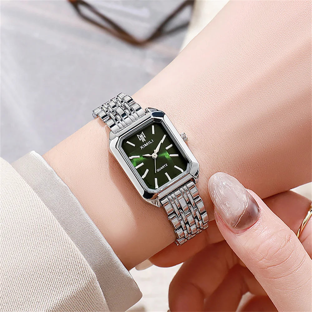 “Luxury Ladies’ Fashion Quartz Watch - Gold-Plated Square Design, Stainless Steel Strap.”