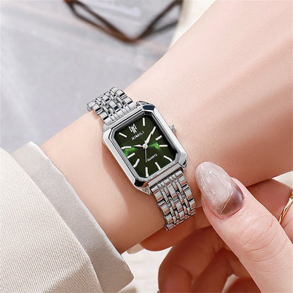 “Luxury Ladies’ Fashion Quartz Watch - Gold-Plated Square Design, Stainless Steel Strap.”