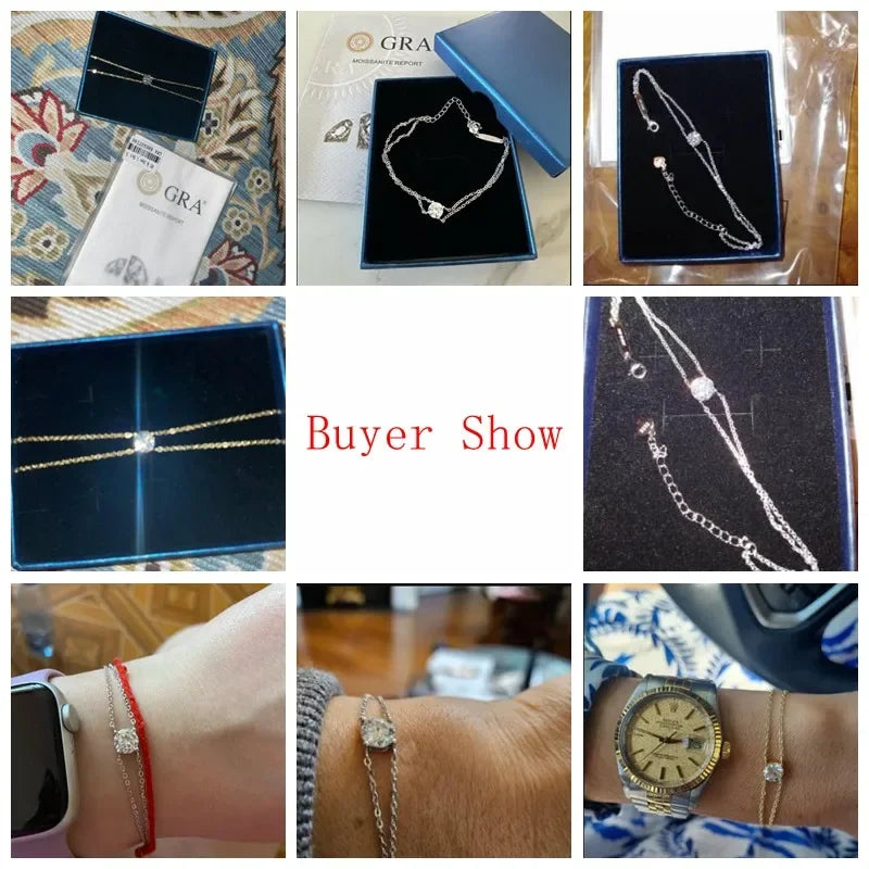 “1ct Moissanite Bracelet, 925 Silver Double Chain, Elegant Wedding Jewelry Gift.”