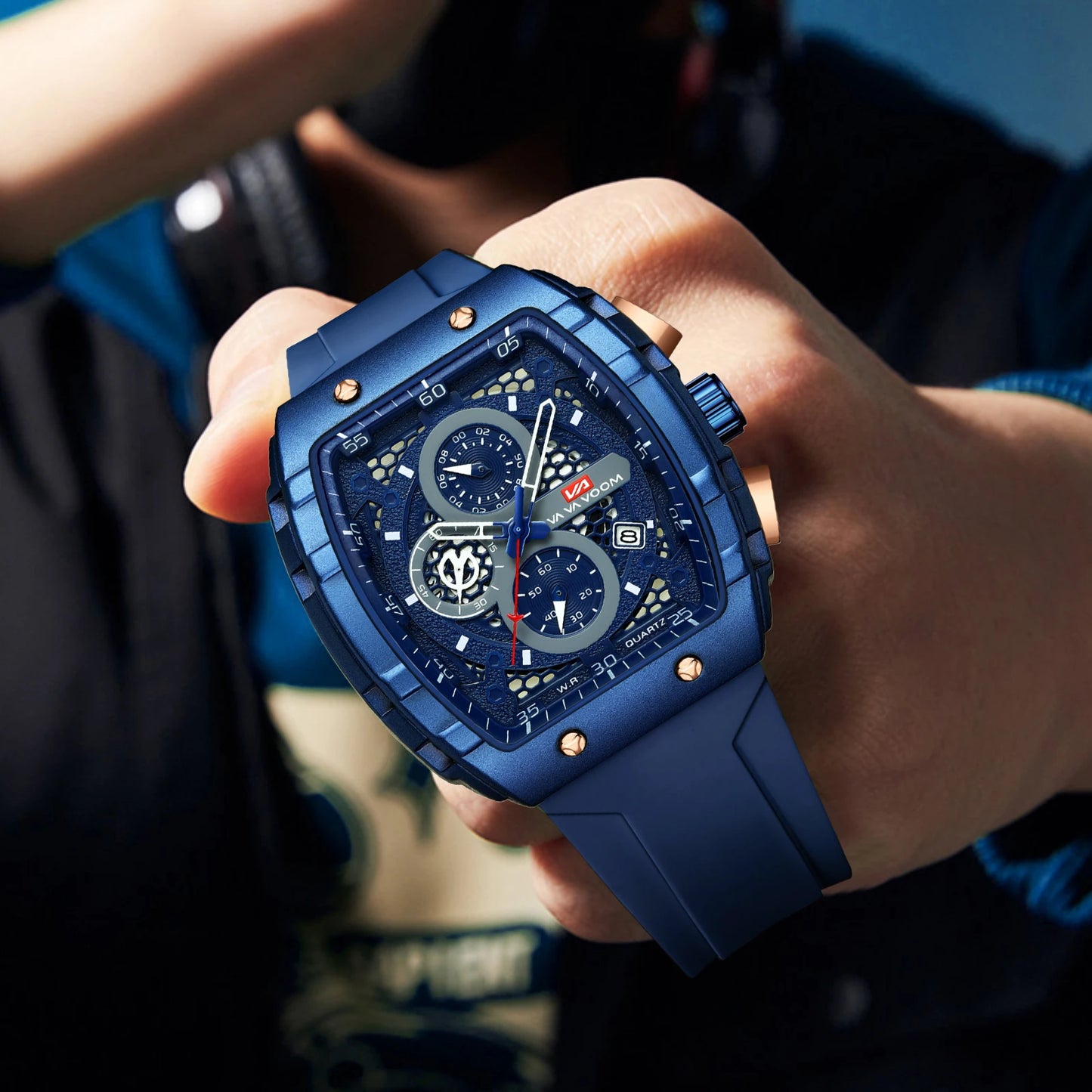 “Men’s multifunctional watch with quartz movement, blue dial, silicone strap, casual fashion.”