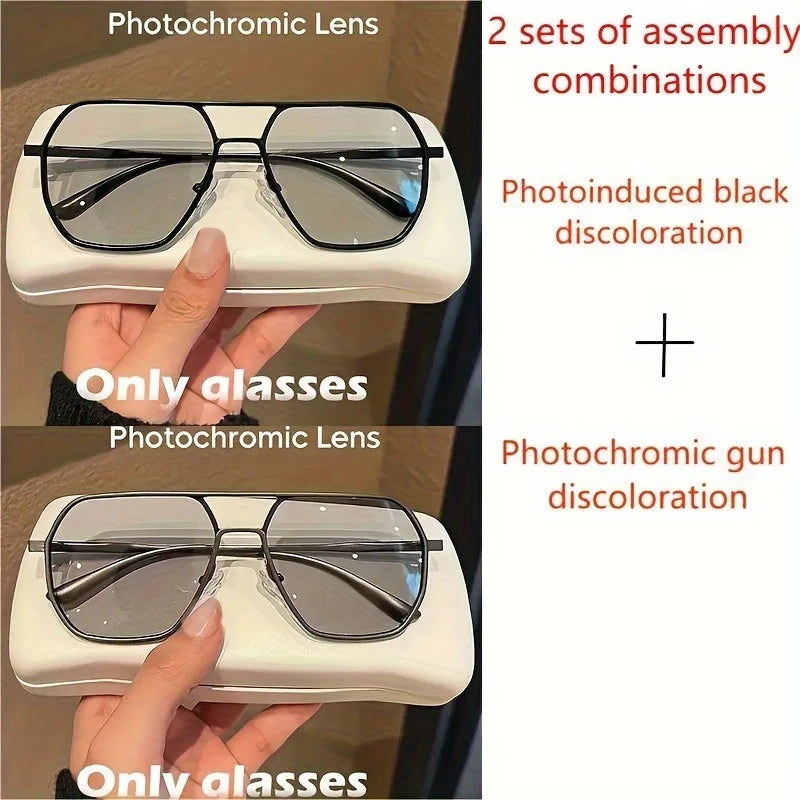 “Square polarized photochromic glasses with metal frame, ideal for driving.”