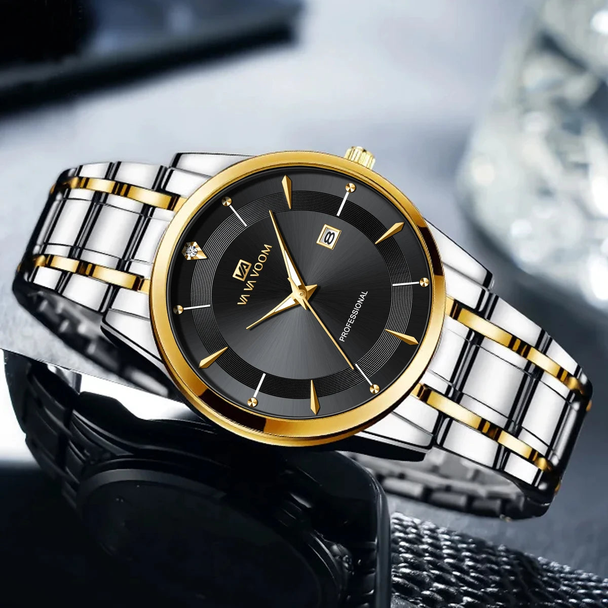 “Men’s Stainless Steel Luxury Watch, Blue-Gold Quartz, Business Style, 43mm.”