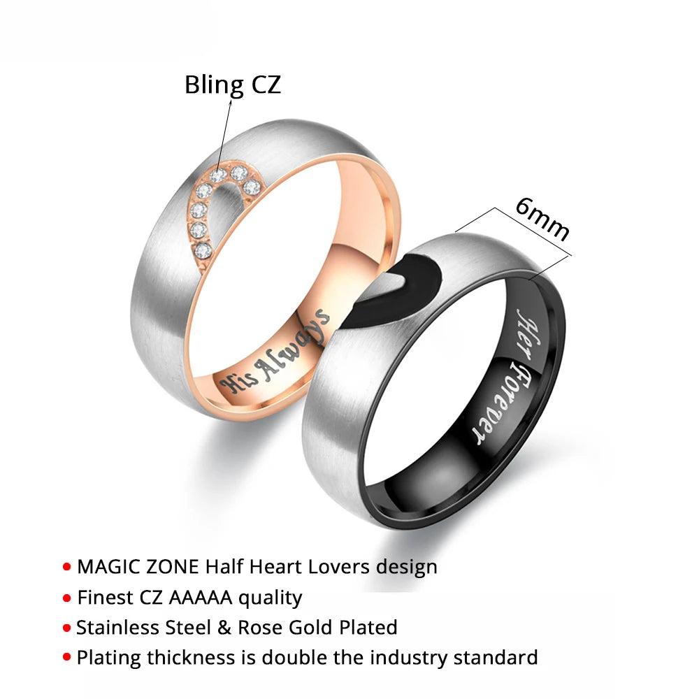 “Rose Gold Black Heart Couple Rings Stainless Steel Love Promise Rings for Couples.”
