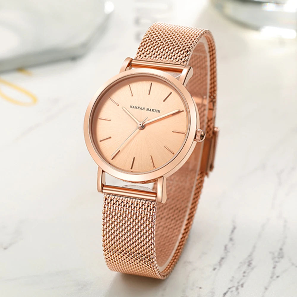 “Rose gold women’s bracelet watch, stainless steel mesh, simple, Japanese quartz.”