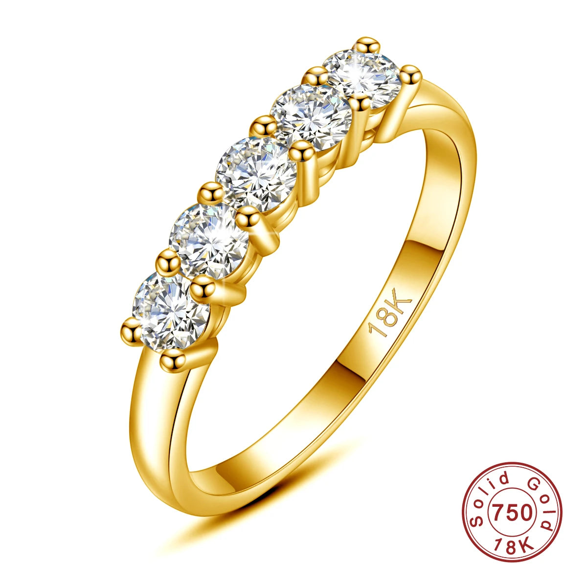 “Original 18K gold moissanite ring, 5 stones, stamped luxury engagement jewelry.”