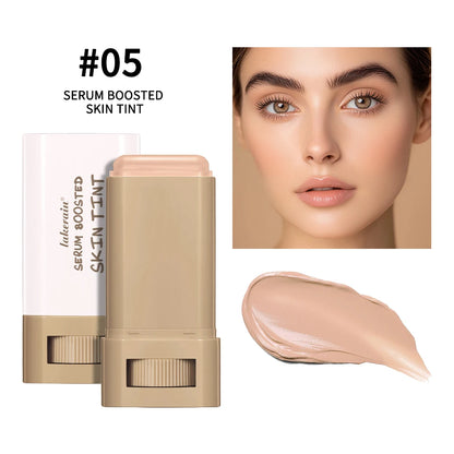 “Smooth Foundation Stick: High Coverage, Skin-Boosting Balm Serum, Travel-Friendly Bronze Tint.”