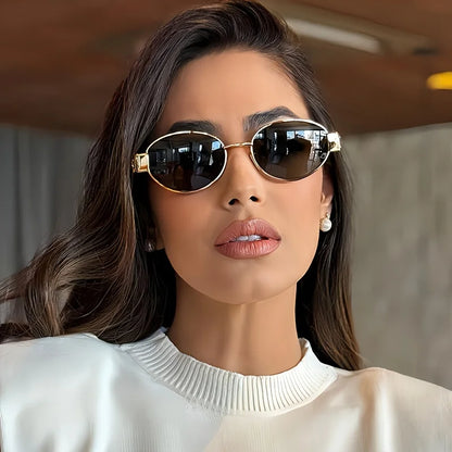 “Oval sunglasses with metal frame, trendy unisex design, classic shades.”