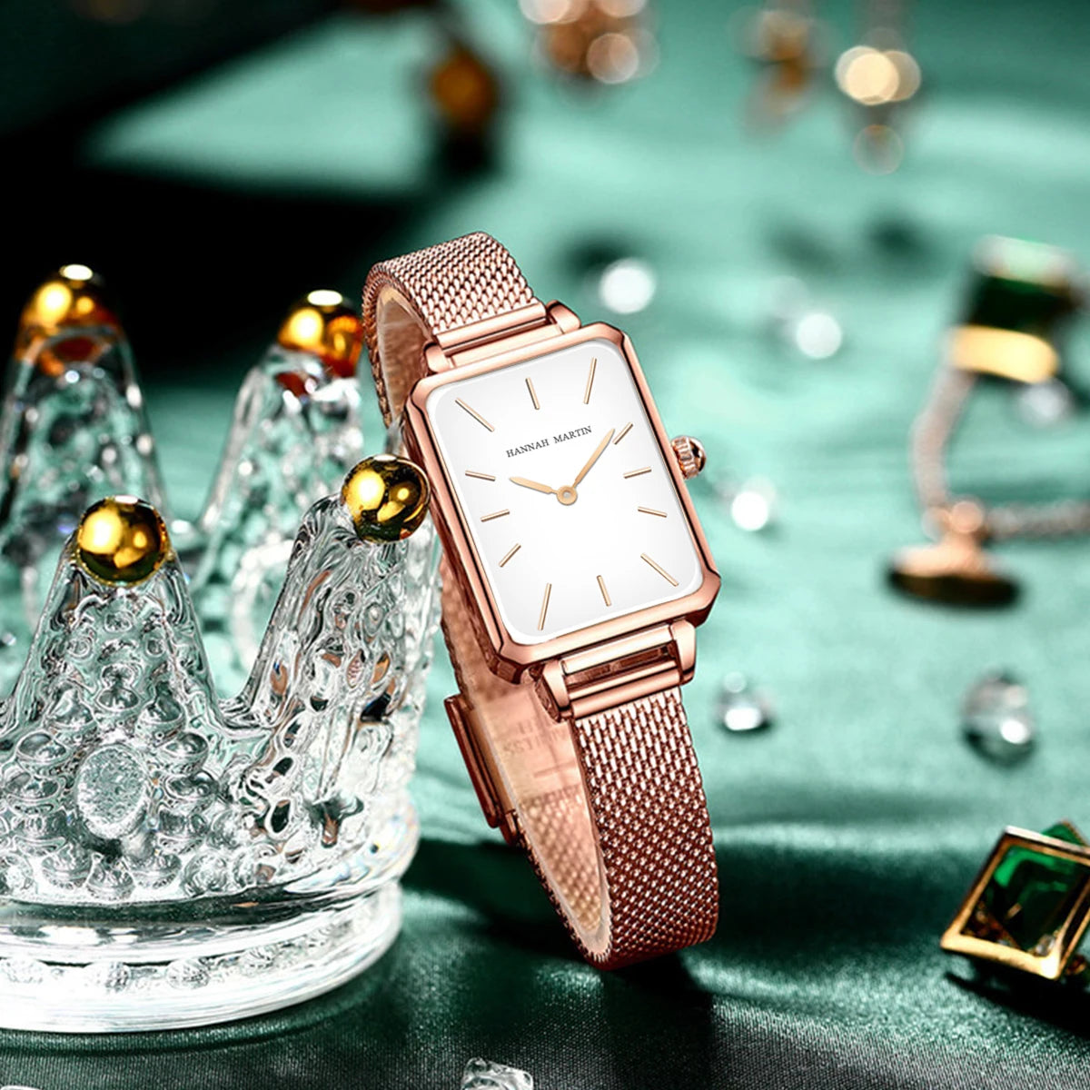 “Square Women’s Stainless Steel Mesh Strap Watch, Rose Gold, Japanese Movement, Fashion.”