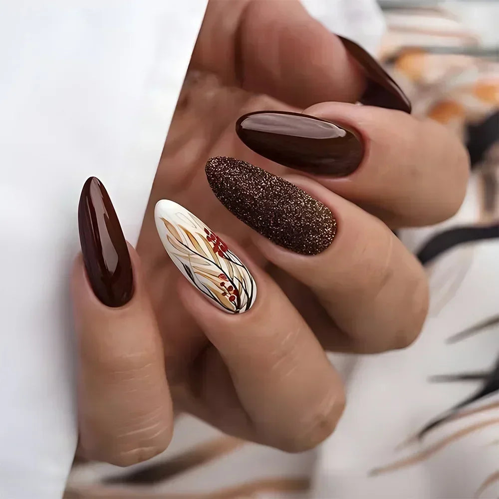 “24Pcs Matte Almond Press-On Nails – Autumn Winter Rose Leaf Design, Full Cover with Glue”