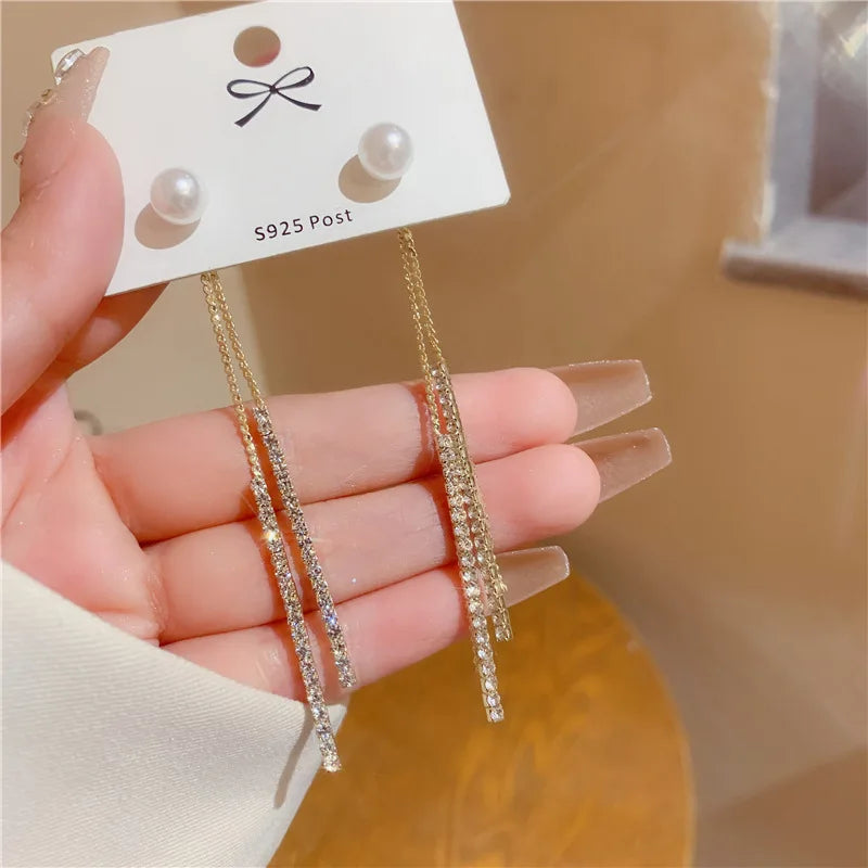 “Korean Tassel Pearl Drop Earrings - Luxury Gold Wedding Jewelry.”