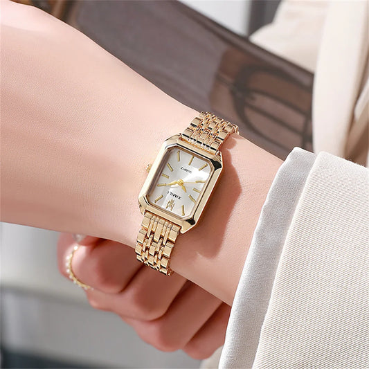 “Luxury Ladies’ Fashion Quartz Watch - Gold-Plated Square Design, Stainless Steel Strap.”