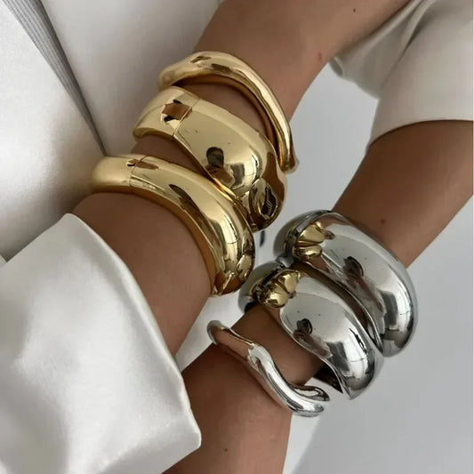 “Wide Cuff Bangles – Punk Gold & Silver Geometric Metal, Large Bracelets for Women ”