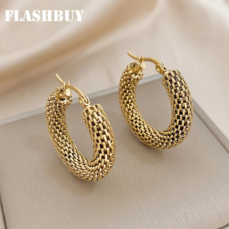 “Stainless steel gold geometric mesh hoop earrings, trendy stylish jewelry gift women.”