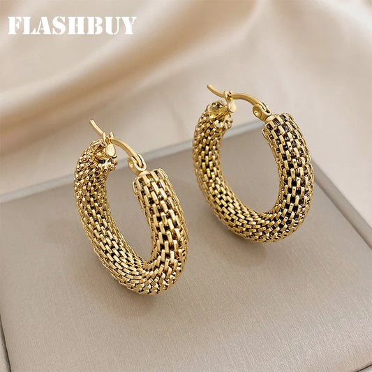 “Stainless steel gold geometric mesh hoop earrings, trendy stylish jewelry gift women.”