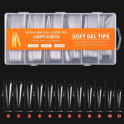 “240Pcs Clear Extra Long C Curve Nail Tips, Acrylic Gel DIY Professional Kit.”