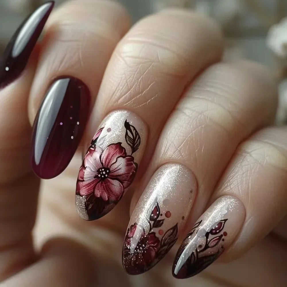 “24Pcs Matte Almond Press-On Nails – Autumn Winter Rose Leaf Design, Full Cover with Glue”