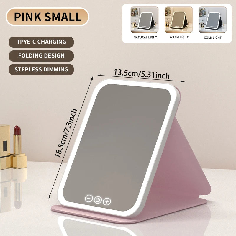 "3 Colors dimmable LED makeup mirror with touch screen, foldable, rechargeable, travel-friendly."