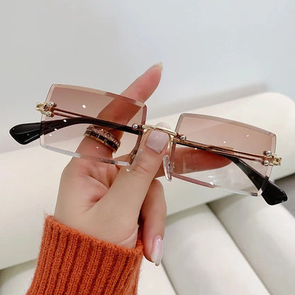 “Luxury rectangle rimless sunglasses, gradient colors, stylish unisex design.”