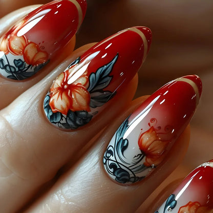 “24Pcs Matte Almond Press-On Nails – Autumn Winter Rose Leaf Design, Full Cover with Glue”