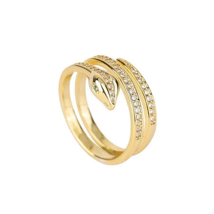 “Gold snake rings, adjustable, punk hip-hop style, stainless steel with zircon details.”