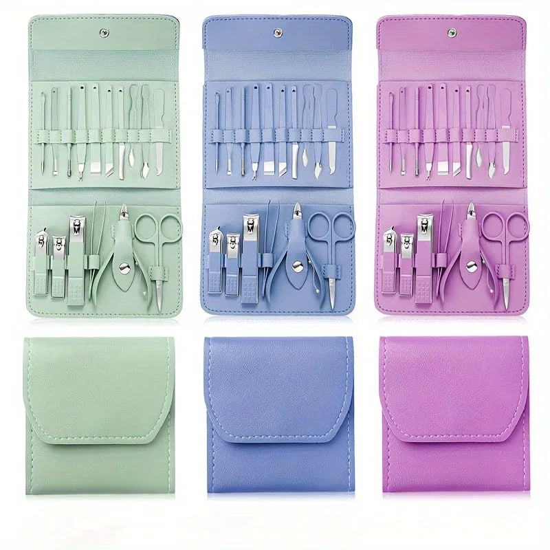 “16-piece professional manicure set with nail clippers, cuticle nippers, and travel case.”