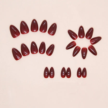 “24pcs mid-length almond-shaped wine red press-on nails.”