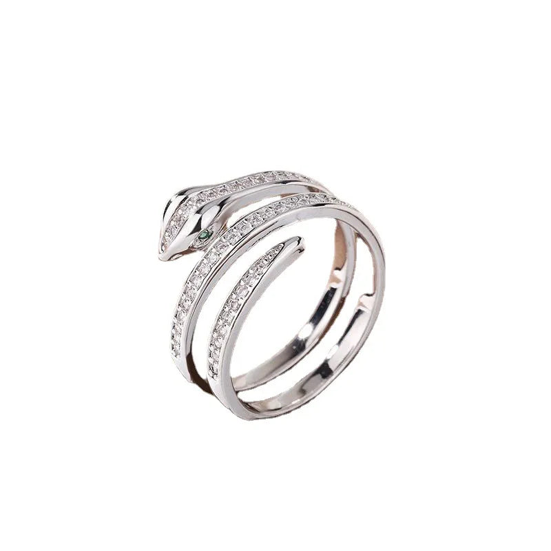 “Gold snake rings, adjustable, punk hip-hop style, stainless steel with zircon details.”