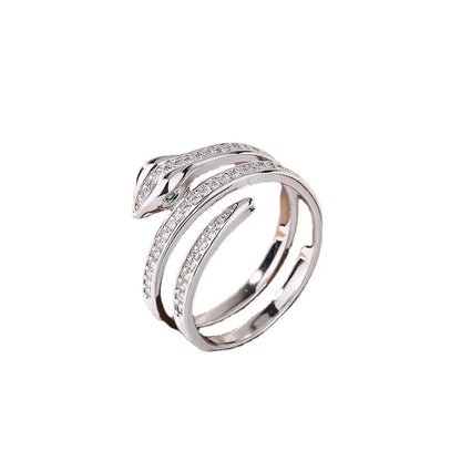 “Gold snake rings, adjustable, punk hip-hop style, stainless steel with zircon details.”