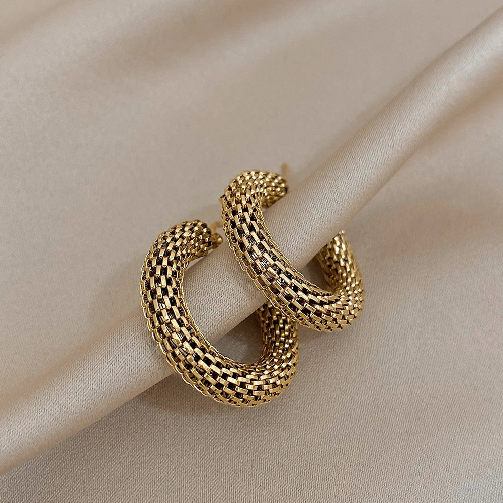 “Stainless steel gold geometric mesh hoop earrings, trendy stylish jewelry gift women.”