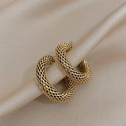“Stainless steel gold geometric mesh hoop earrings, trendy stylish jewelry gift women.”