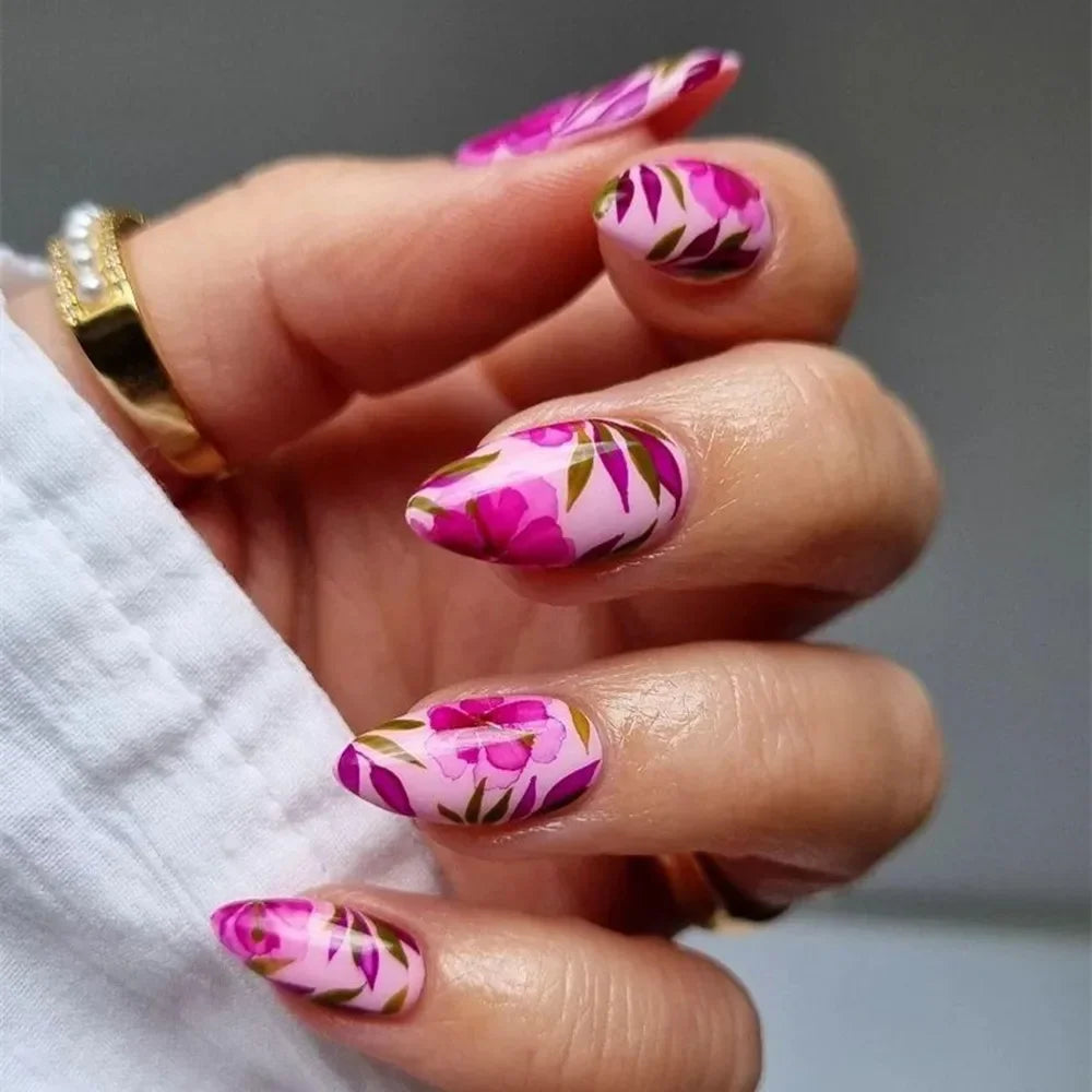 “24Pcs Matte Almond Press-On Nails – Autumn Winter Rose Leaf Design, Full Cover with Glue”