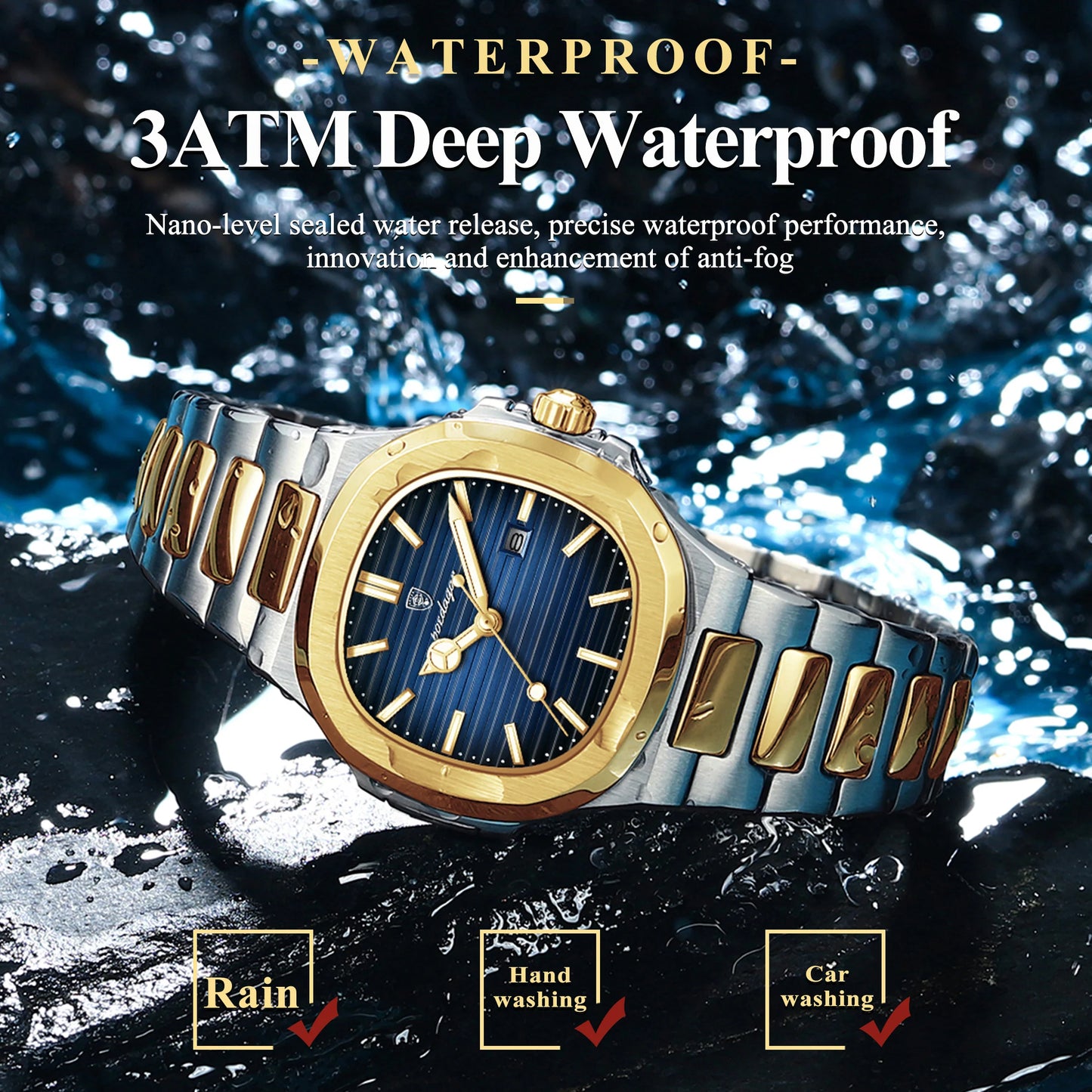 “Luxury waterproof square women’s watch with luminous date, stainless steel, quartz movement.”