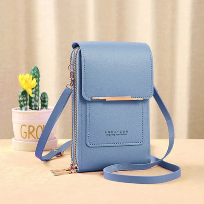 “Women’s soft leather crossbody handbag with touch screen phone purse, small wallet.”