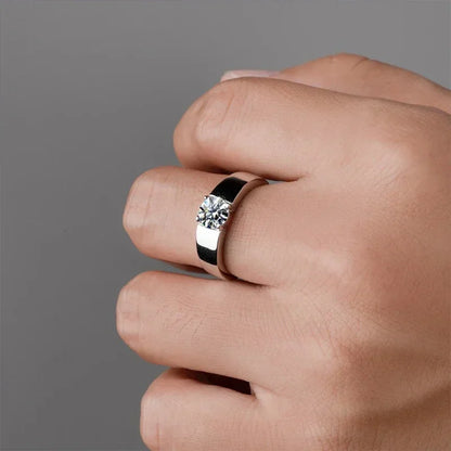 “2-carat D color moissanite men’s wedding band, 925 sterling silver, GRA certified.”