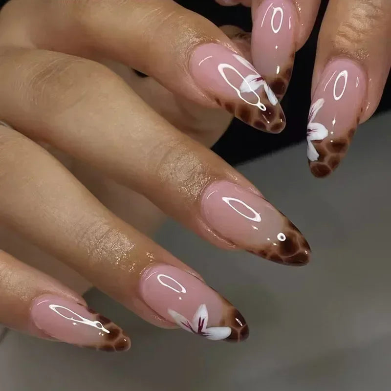 “24Pcs Matte Almond Press-On Nails – Autumn Winter Rose Leaf Design, Full Cover with Glue”