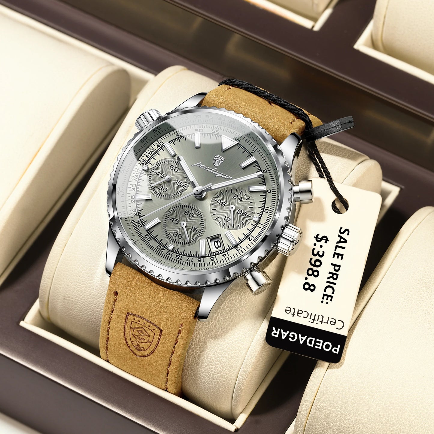“Luxury waterproof quartz men’s watch with luminous date chronograph.”