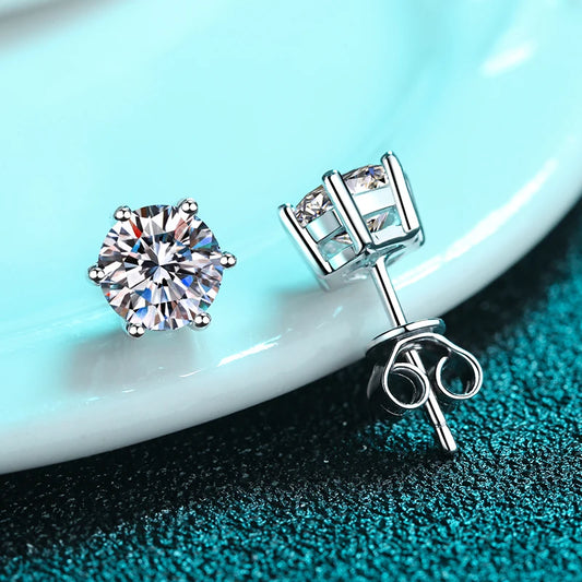 “925 Sterling Silver Six-Claw Moissanite Earrings, Elegant Design, Authentic Jewelry.”