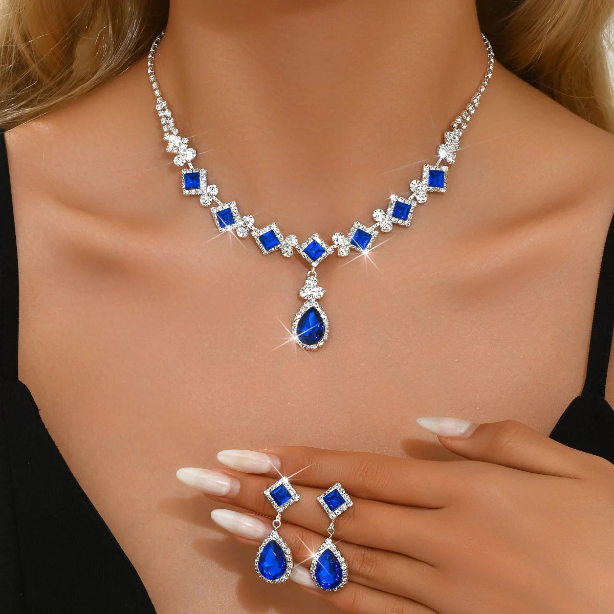 “3-piece claw chain geometric droplet earrings and necklace set, elegant wedding party gift.”