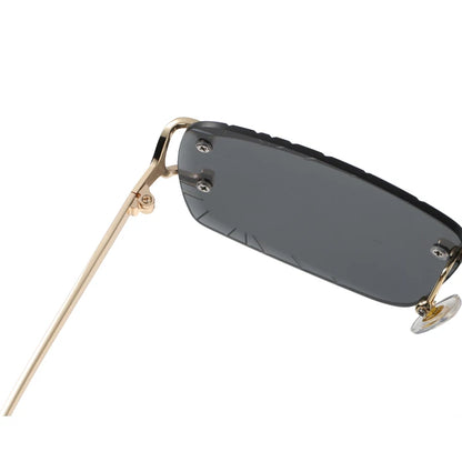 “Square rimless sunglasses, trendy metal frame, high-grade unisex street style.”