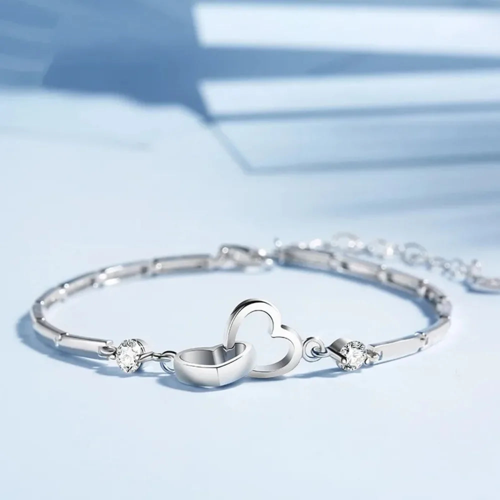 “925 sterling silver double heart bracelet, cubic zirconia, perfect Valentine’s gift.”