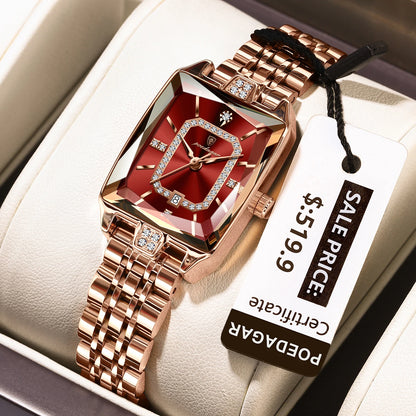 “Elegant waterproof women’s wristwatch, stainless steel, quartz, date display, stylish rectangle design.”
